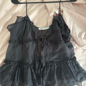 Zara sheer black ruffled tank with tie front